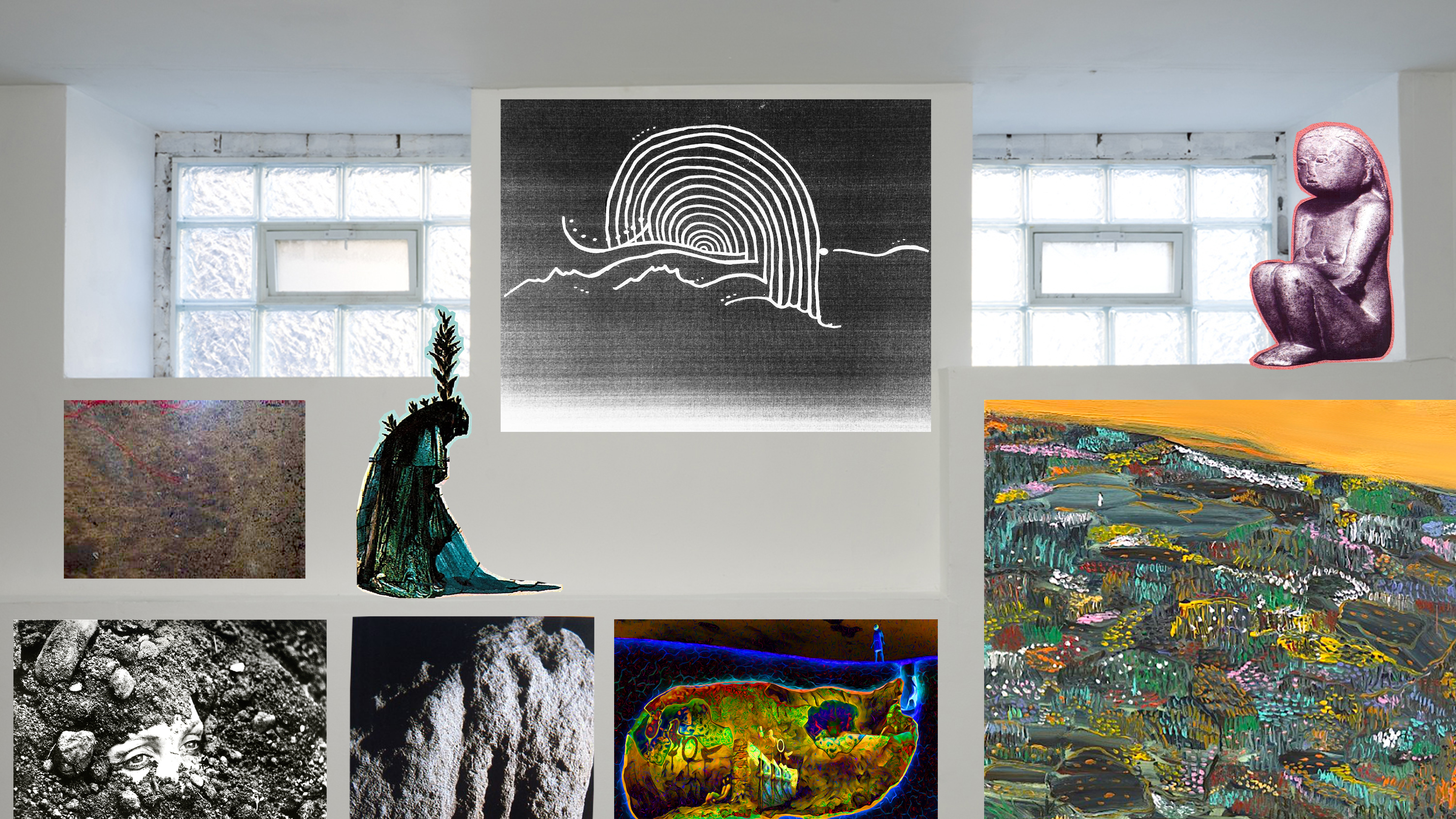 dark rainbow
	wisdom (brancusi)
	architeuthis - depths, 
	woman emerging from dirt, yonic ancient cave relief, plato’s cave/rave,  hillside meadow of flowers (sunrise) orange)